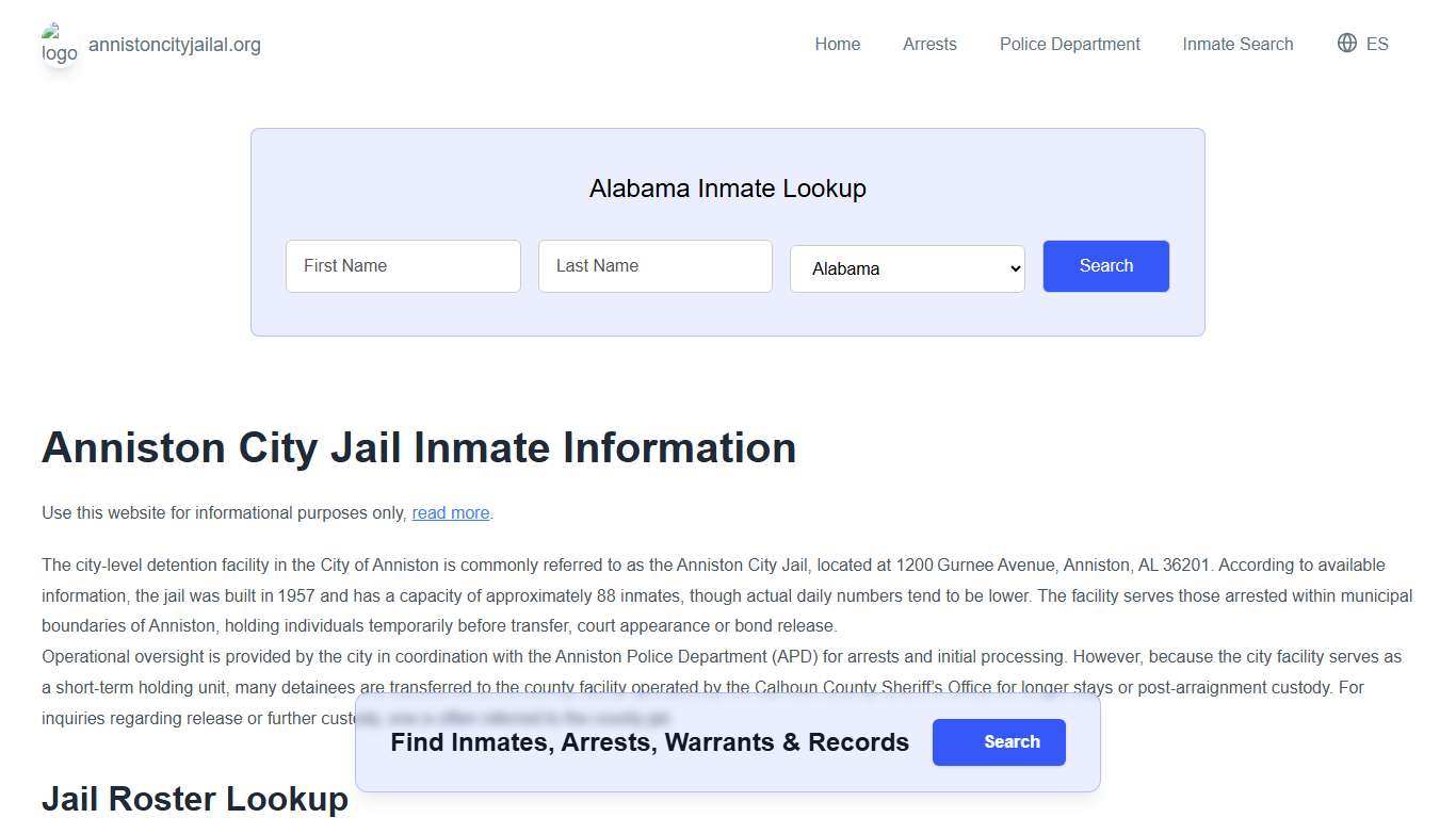 Anniston Jail, AL Inmate Roster, Municipal Jail Info